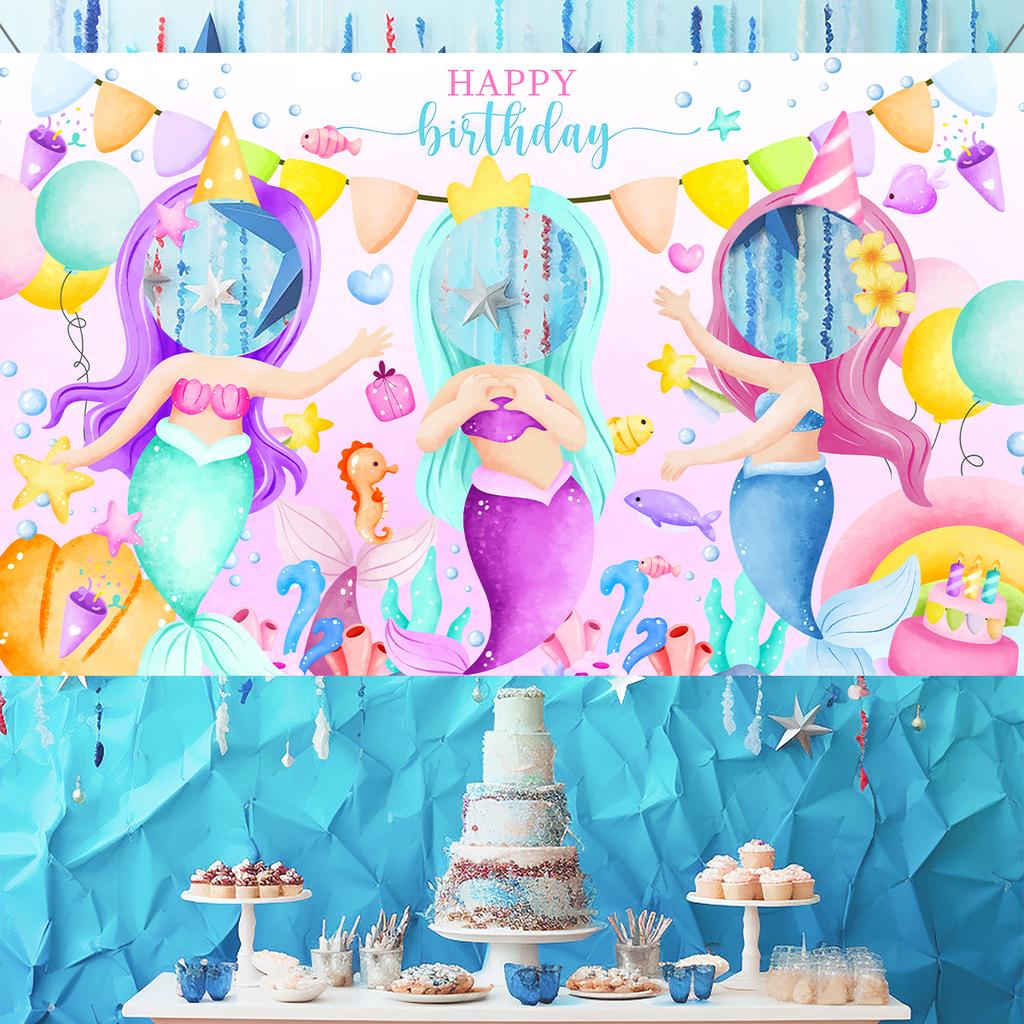 Mermaid Theme Birthday Party Photography Backdrop Mermaid Birthday Background Cake Table Girls Birthday Decorations Baby Shower