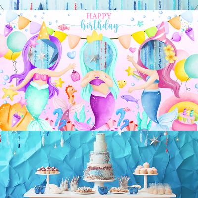 Mermaid Theme Birthday Party Photography Backdrop Mermaid Birthday Background Cake Table Girls Birthday Decorations Baby Shower