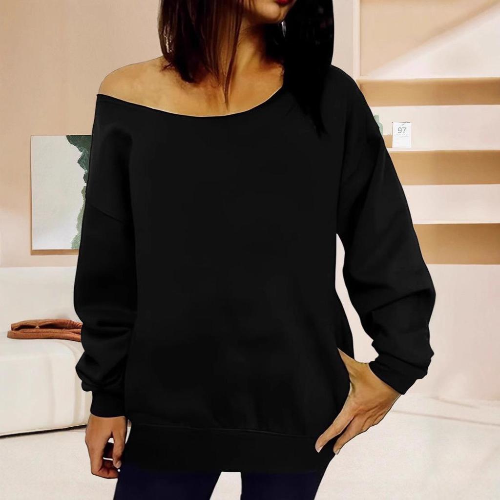 2025 Casual European & American Solid Color Women's Off-Shoulder Sweatshirt