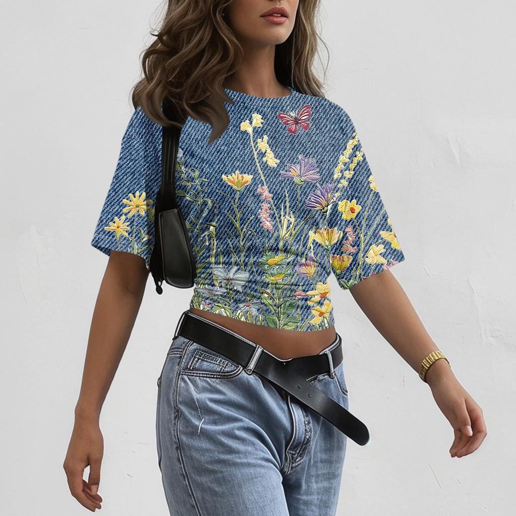 Women Round Neck Pullover Short Sleeve T Shirt Floral Print Loose Fit Casual Top for Daily Wear Lightweight Breathable Fabric
