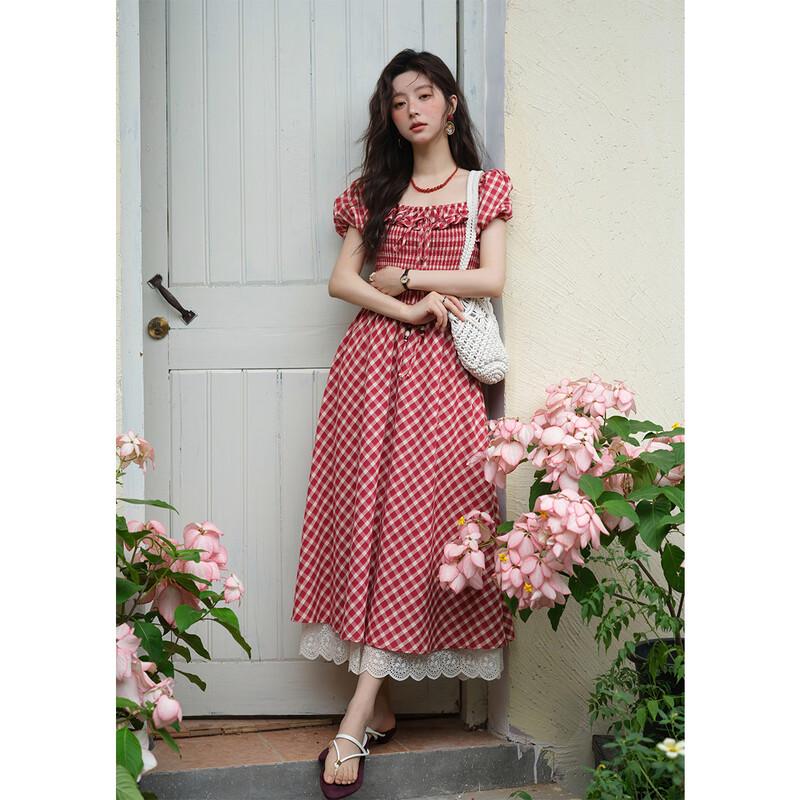 French Retro Red Plaid Midi Dress