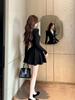 Women's Black V-Neck French-Style Wool Knit Dress - Slimming Autumn Winter Base Layer