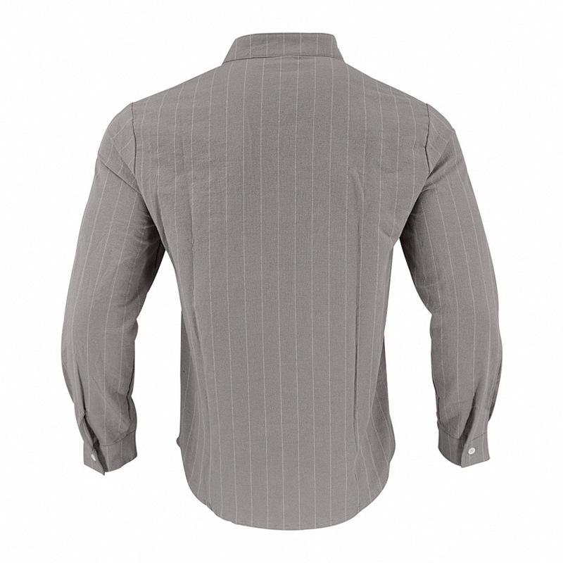 Mens Striped Linen Blend Stand Collar Long Sleeve Casual Shirt With Pockets