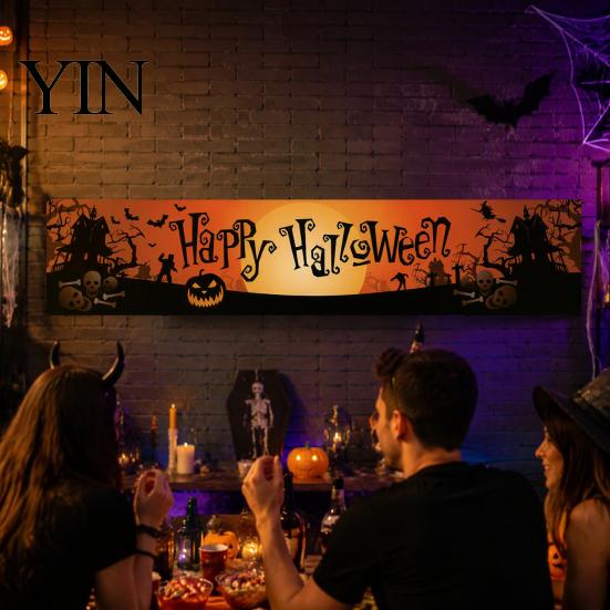 Spooky Backdrop for Home Large Happy Halloween Banner Outside, 70 x 15 Inch Yard Sign Reusable Flag, Welcome Garden Fence Party Decoration Front Porch