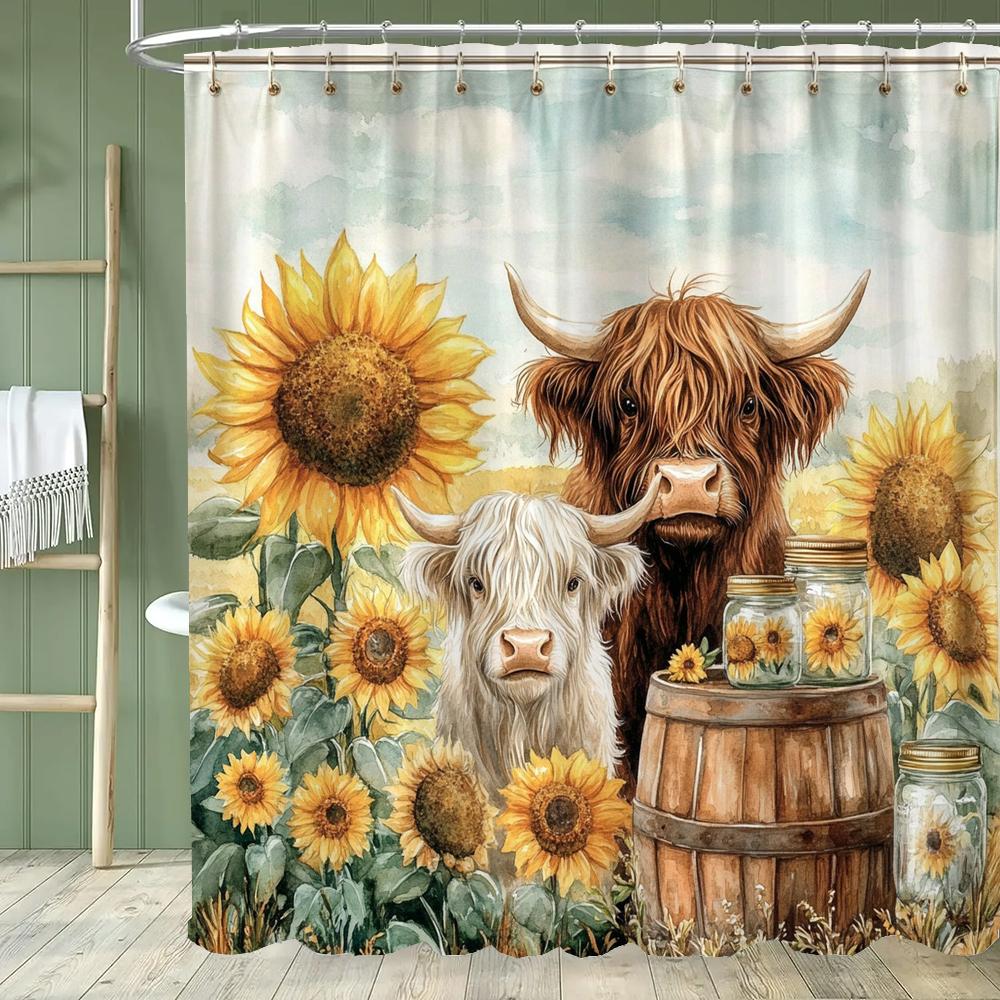 

Western Highland Cow Shower Curtain, Funny Cute Cow Print Rustic Country Farmhouse Floral Bathroom Curtain Decor Home With Hook 90x180cm-35x70in
