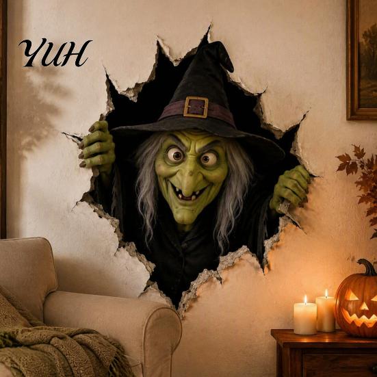 DIY Halloween Props 3D Break-in Wall Sticker, Realistic Haunted House Decal, Removable Creepy Doorway Decorations PVC Mural for Living Room