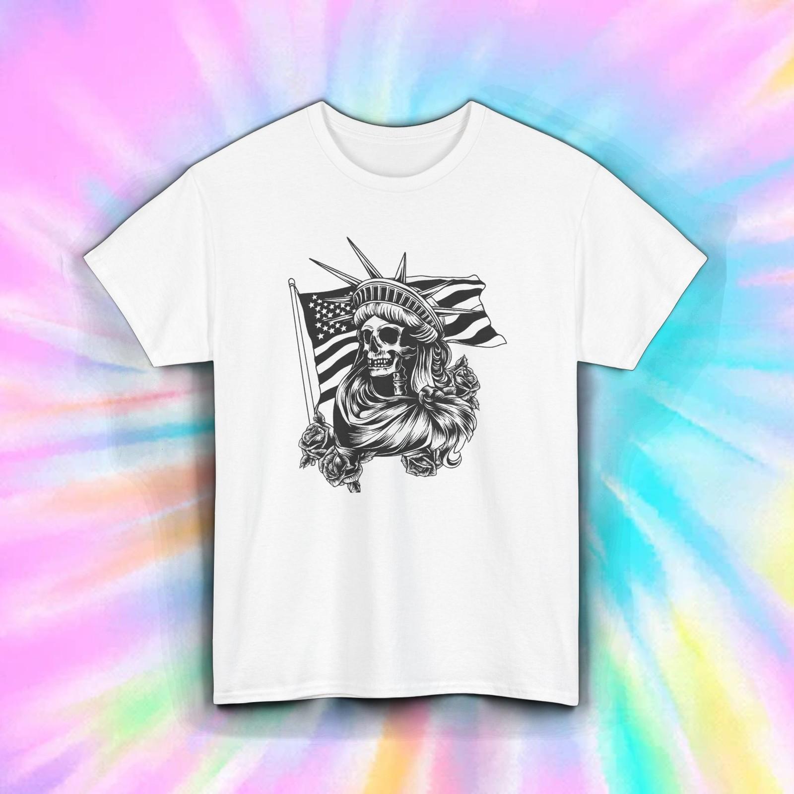 Skeleton Lady Liberty T-Shirt Mens Womens Tees Top | Gothic Skull USA American Flag Graphic Tee S-5XL 3XL