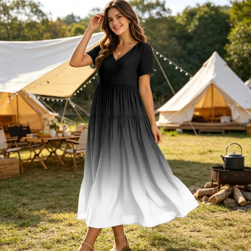 Abito Maxi Casual da Donna a Manica Corta con Scollo a V, Stile Bohemien, Vestibilità Larga, Stampa Degradé, per Estate e Uso Quotidiano