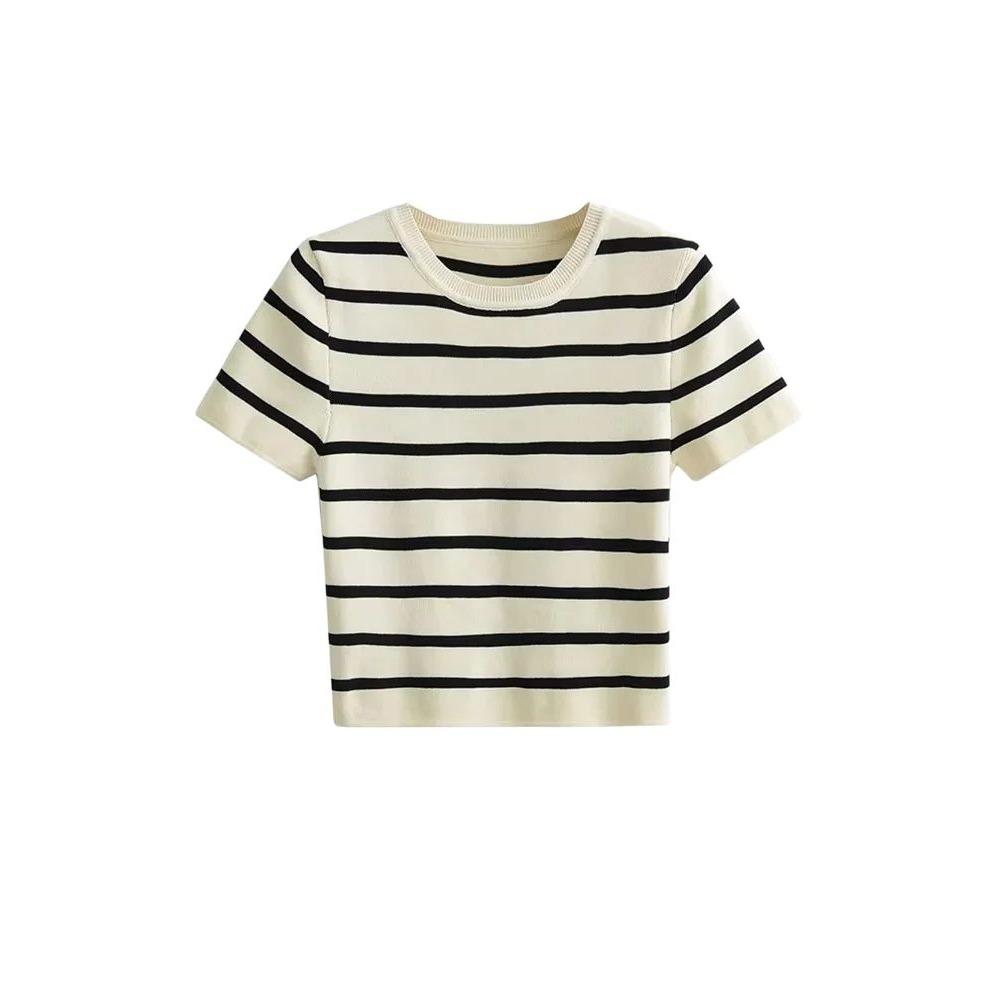 Women s Fashion Striped Retro O Neck Short-sleeved Women s Pullover Chic Top M