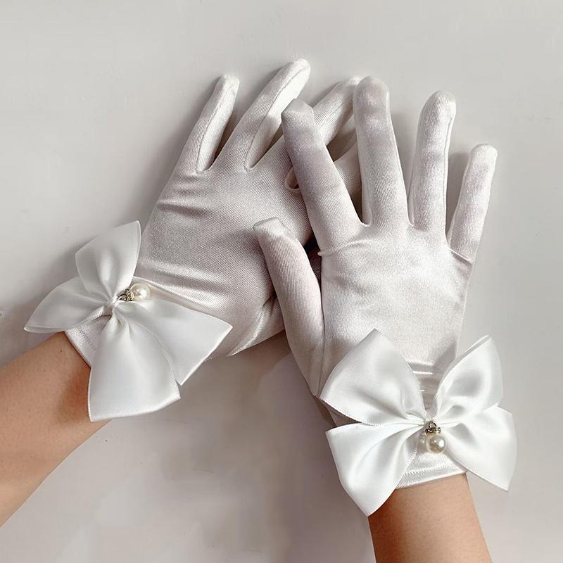

Women Vintage Satin White Black Pearl Bow Elegant Short Gloves Cosplay Princess Bridal Wedding Ceremony Split Finger Gloves One Size