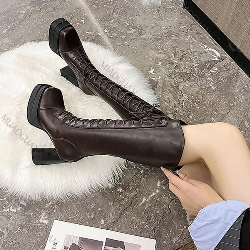 Fashion High Heeled Knee High Boots for Women Fashion Thick Bottom Autumn Winter Women Shoes Lace Up Square Toe Knight Long Botas Femmes