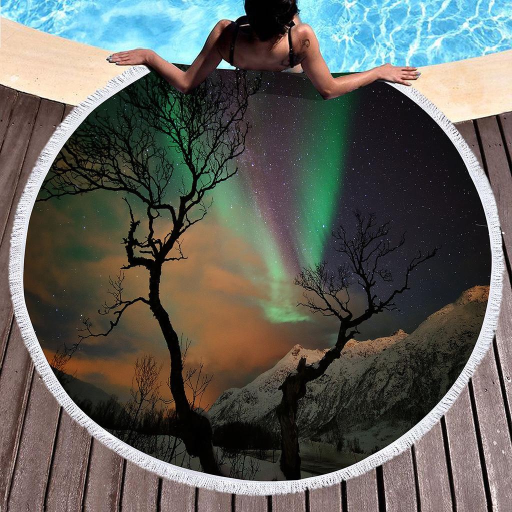 Beautiful Aurora Round Beach Towel with Tassels,Sand Free Quick Dry Circle Beach Blanket Roundie Yoga Meditation Mat Picnic Rug