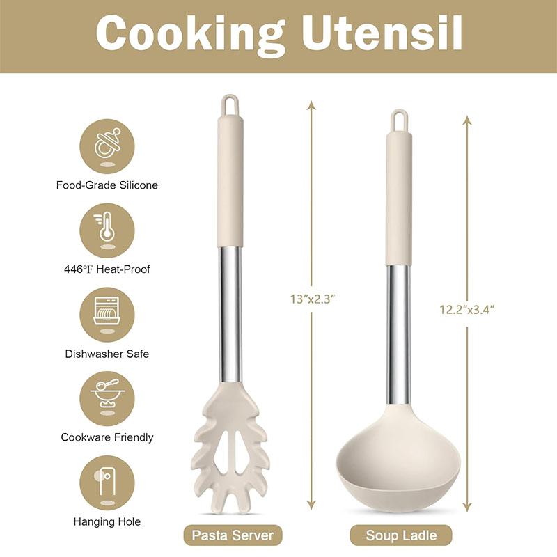 Silicone Pasta Fork and Ladle Spoon Set Large Nonstick Kitchen Utensils with Stainless Steel Handle For Cooking Draining JT594