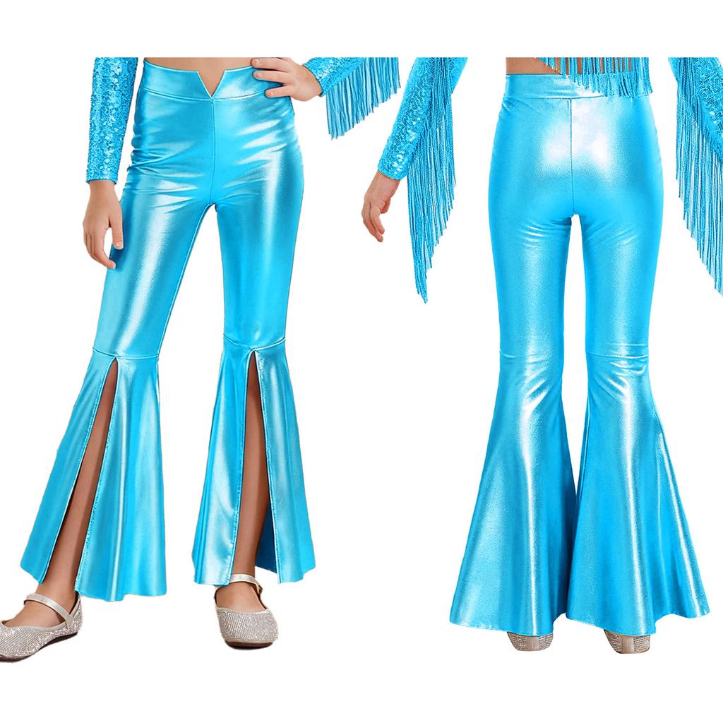 Girls Stage Competition Pants: Sparkling Metallic Fabric with Unique Split Bell-Bottom Hem for Dance & Pageant