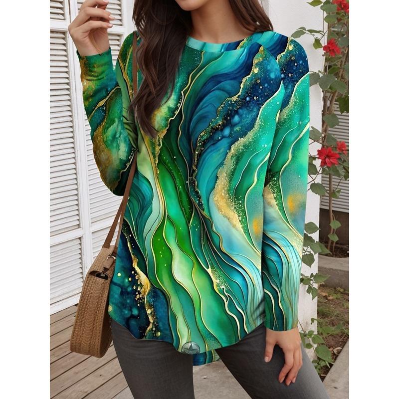 Autumn Fashion Women's Graphic Geometric Abstract O-Neck Long Sleeve T-Shirt Y2K Casual Tops Womens Clothing Harajuku Pullover
