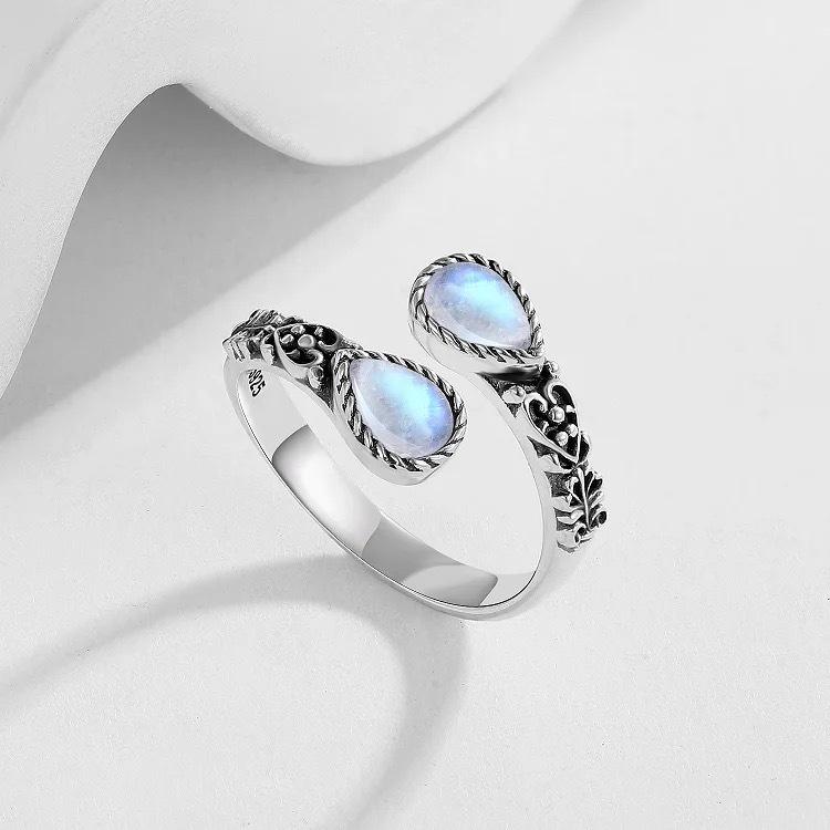 Moonstone Natural Serpentine Vintage Ring Engraved Teardrop Engagement Ring Moonstone Gemstone Men's and Women's Jewelry