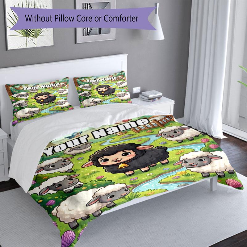 3PC Custom Name Sheep Garden Bedding Set Duvet Cover Closure Includes 1 Duvet Cover & 2 Pillowcases for Bedroom