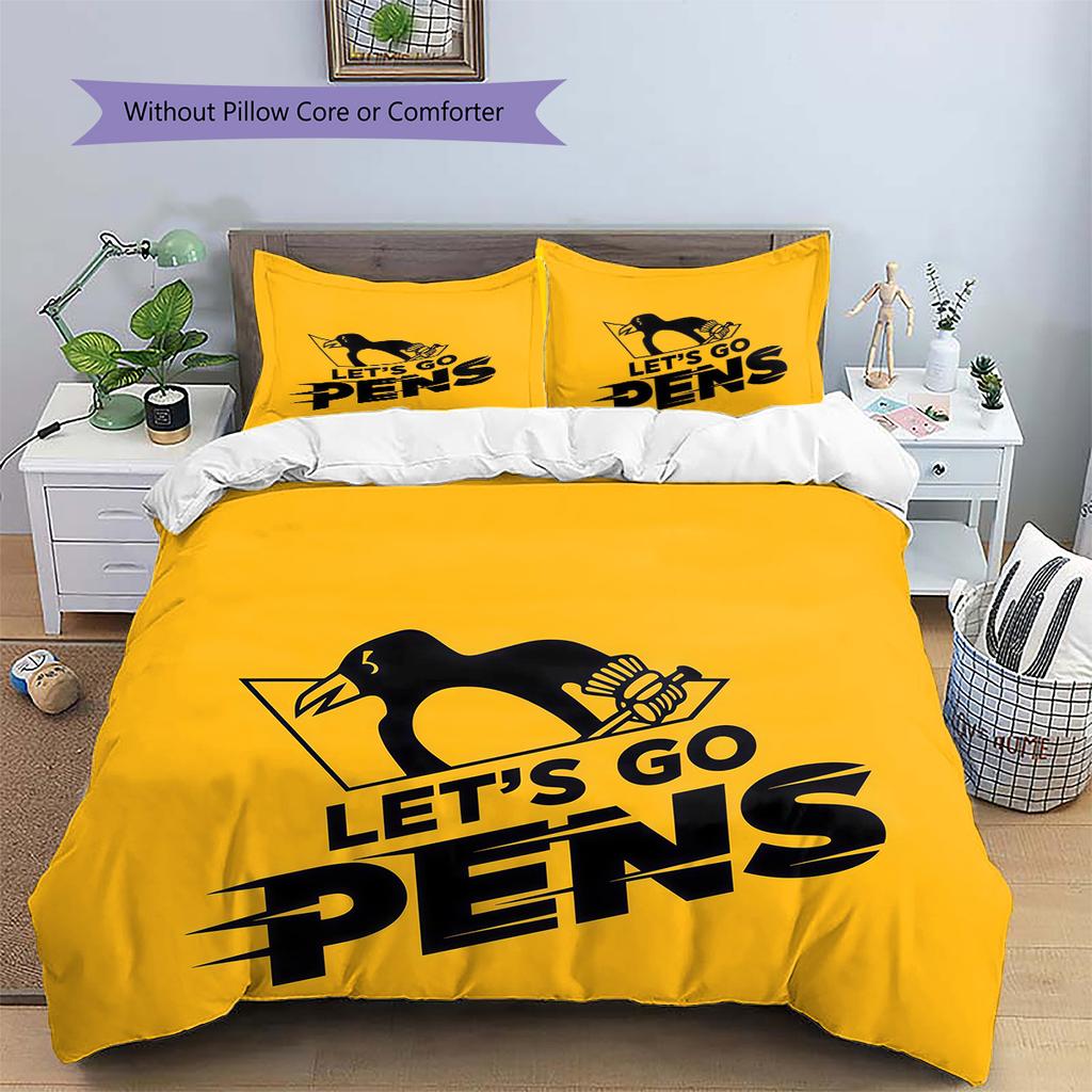 Pittsburgh Penguins Pattern Bedding Quilt Set  Home Decoration  Gift (1 * duvet cover + 2 * pillowcase  without core)