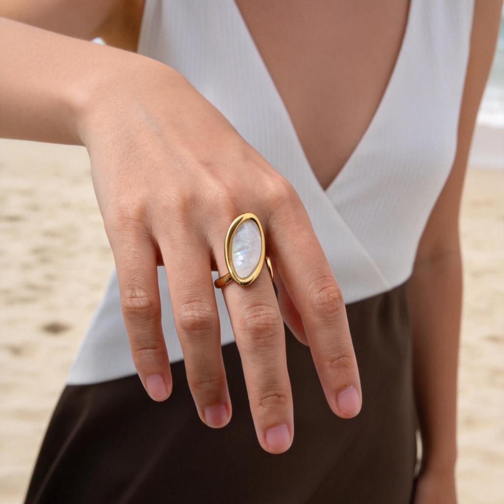 Abalone Shell Ring Natural Mother of Pearl Gold Plated Adjustable Open Irregular Geometric French Vintage Summer Beach Jewelry