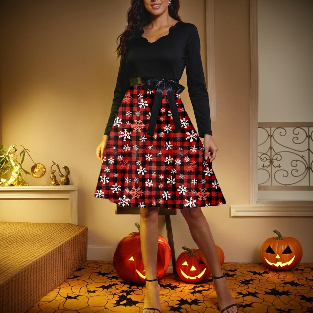 Dámské ležérní módní šaty s výstřihem do V, dlouhým rukávem a retro vánočním potiskem