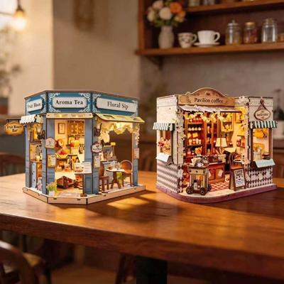 LED Light Wooden Miniature House Cafe 3D Puzzle Building Model Craft Mini Dollhouse Kit  Kids