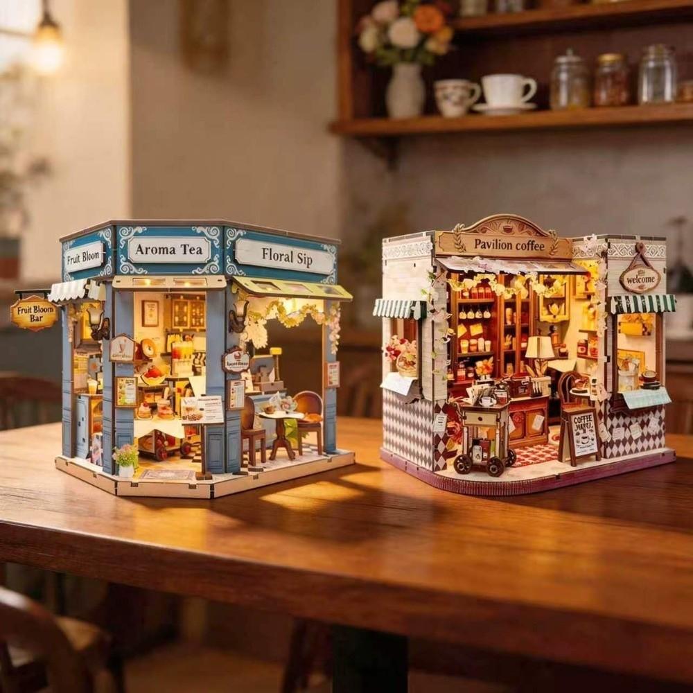 LED Light Wooden Miniature House Cafe 3D Puzzle Building Model Craft Mini Dollhouse Kit Adult