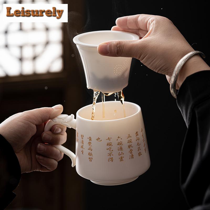 430ml Dehua bílý porcelánový čajový separační hrnek s nefritovým filtrem, kancelářský hrnek s osobní úpravou a rukojetí Dargon.