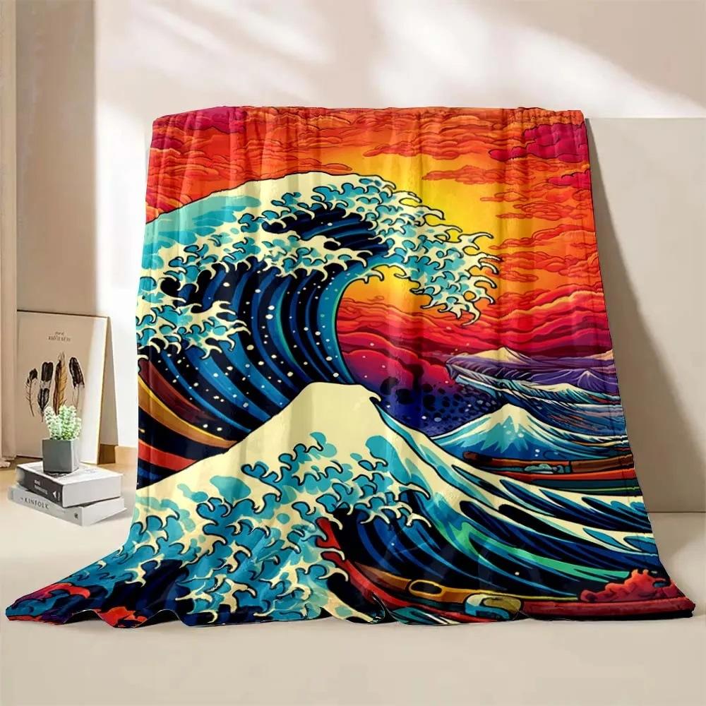 Wave-inspired Ukiyo-e paintings digital-printed polyester velvet flannel cover blanket Fleece soft sofa cover blankets for beds