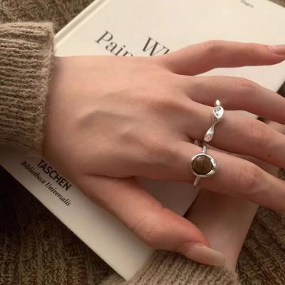 Light Luxury S925 Sterling Silver Open Ring Light Luxury Tiger's Eye Stone Niche Solid Special-shaped Versatile Ring
