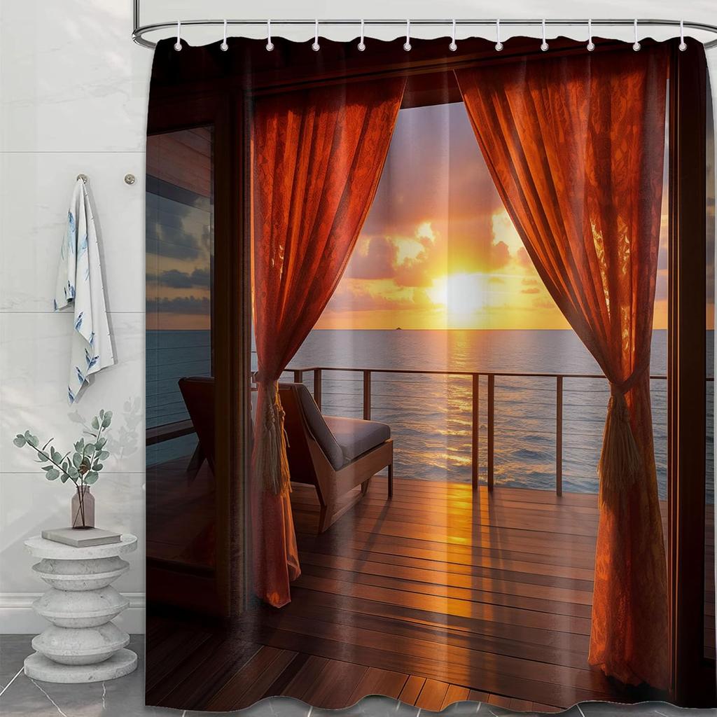 Summer Beach Theme Shower Curtain, Ocean Scenic Beachy Sunset Scene Pattern, Nature Landscape Coastal Bathroom Curtain Set