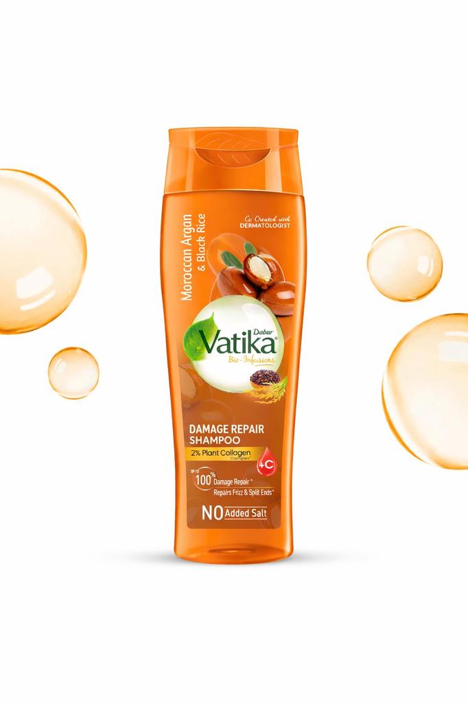 Dabur Vatika Bio-Infusions Damage Repair Shampoo | Moroccan Argan & Black Rice | 2% Plant Collagen + Vitamin C | 100% Damage Repair | Repairs Frizz