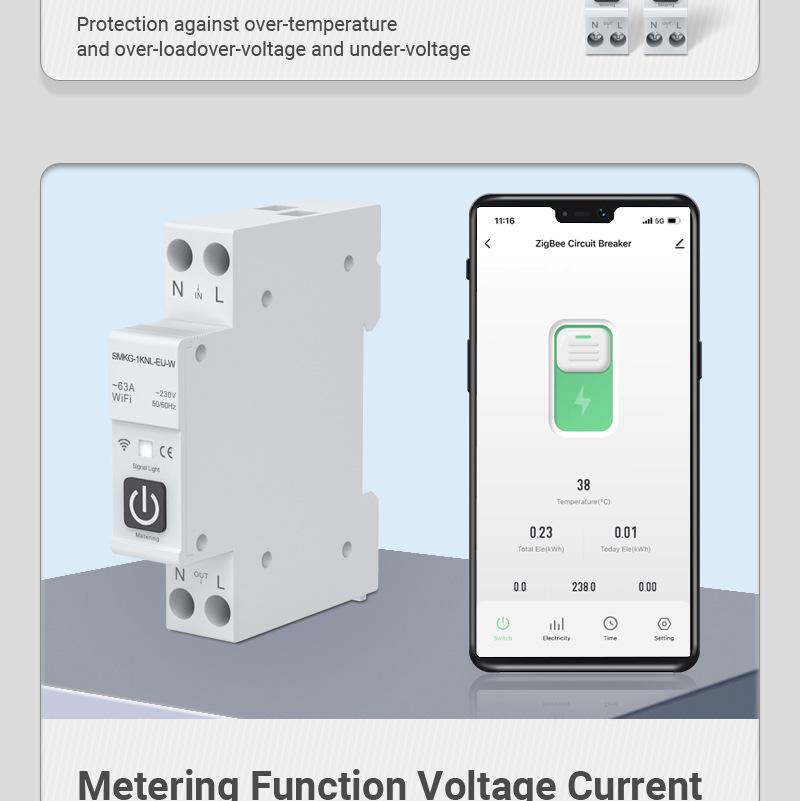 ZigBee Tuya Smart Circuit Breaker with Remote Control, Timer, Metering, Overcurrent and Overvoltage Protection, and Alarm.