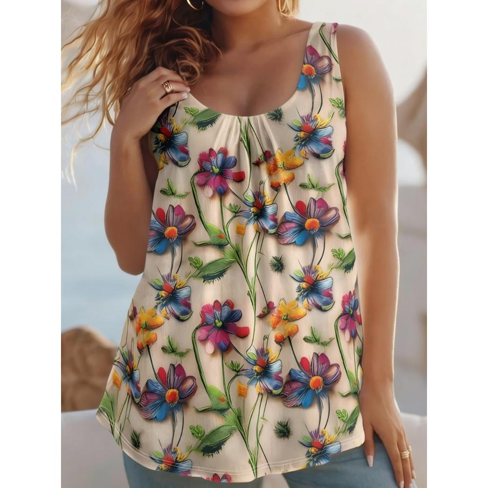 Summer Women's Large Size 3D Colorful Printing Vest Loose Fashionable Comfortable Soft Breathable O Neck Sleeveless Vest