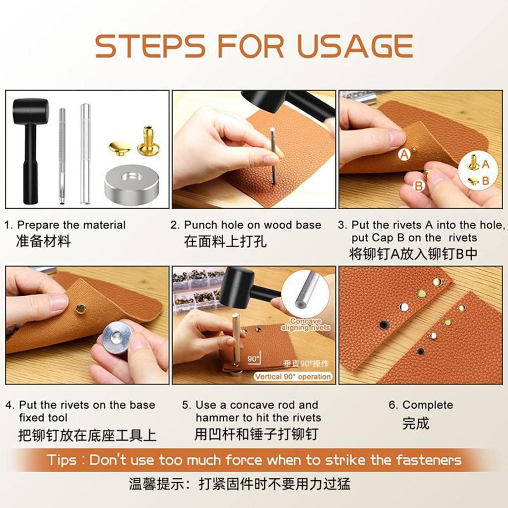 480 Sets Leather Rivets Double Caps Rivet Tubular Metal Studs with 3 Setting Tools Hammer for Leather Craft Repair
