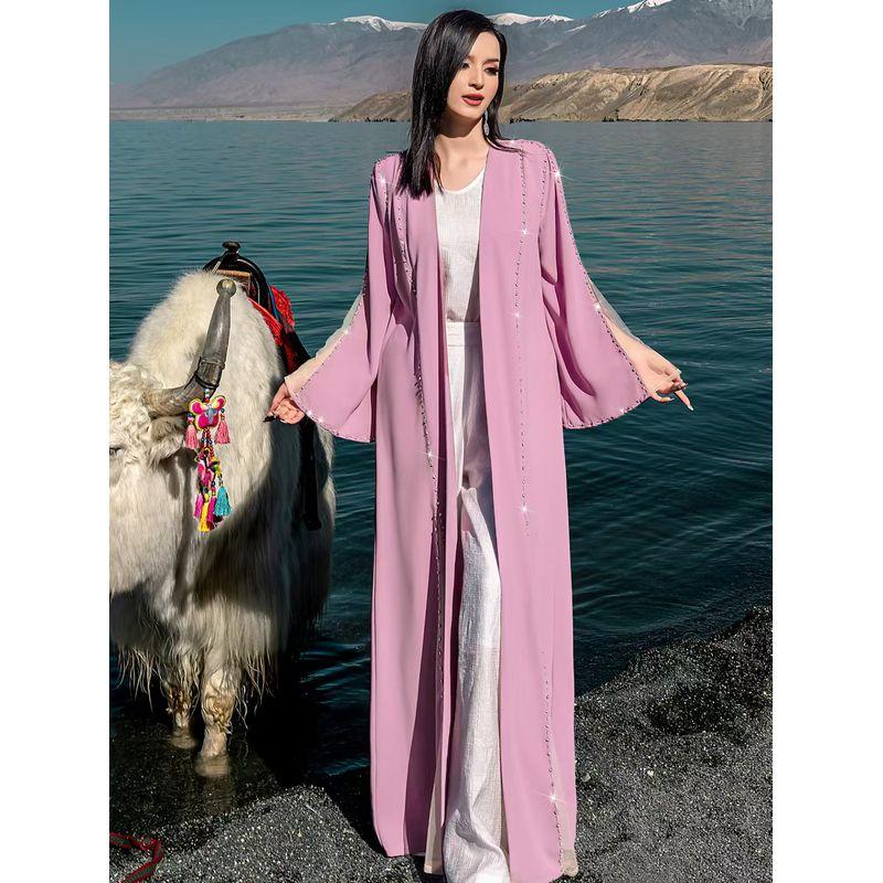 

Middle East New Arrival Fashion Elegance Hand-Stitched Diamond Cardigan Robe Dress Diamond Studded Dress Light pink 2XL