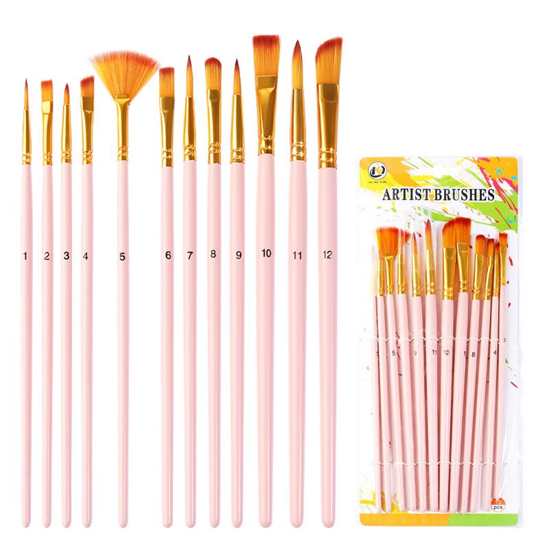 12-Piece Nylon Bristle Fan Brush Set for Oil, Gouache & Watercolor Painting розовый