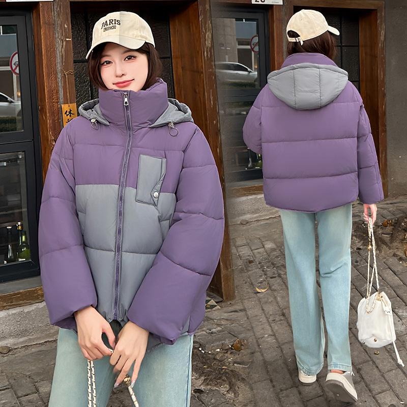 Colorblock Hooded College-style Short Cotton-padded Coat Basic Jacket