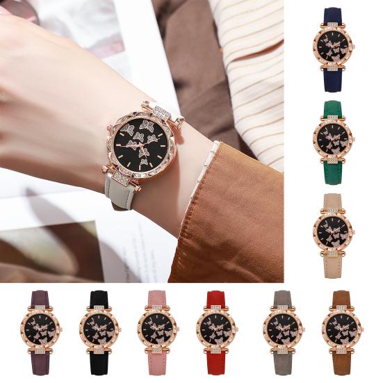 Ladies Butterfly Watch Artificial Leather Strap Quartz Watch Rhinestone Round Dial Fashionable Wristwatch for Women Party Office Date