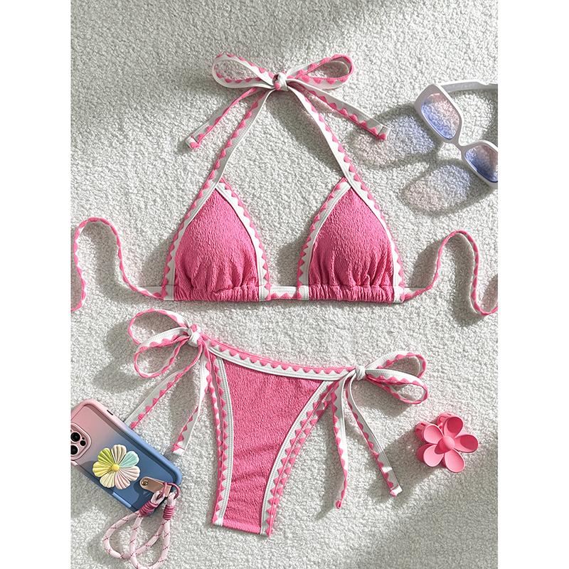 

Сексуальные бикини с окантовкой, купальники, женская пляжная одежда пуш-ап, купальные костюмы, комплект бикини из двух частей L розовый