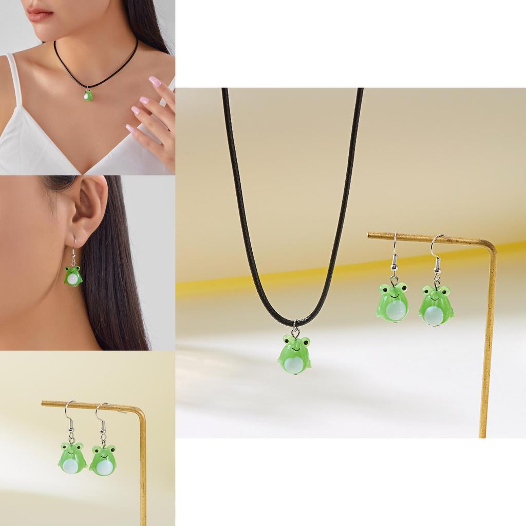 Frog Cartoon Glass Necklace And Earring Set With Pearl Chain For Casual Women And Men