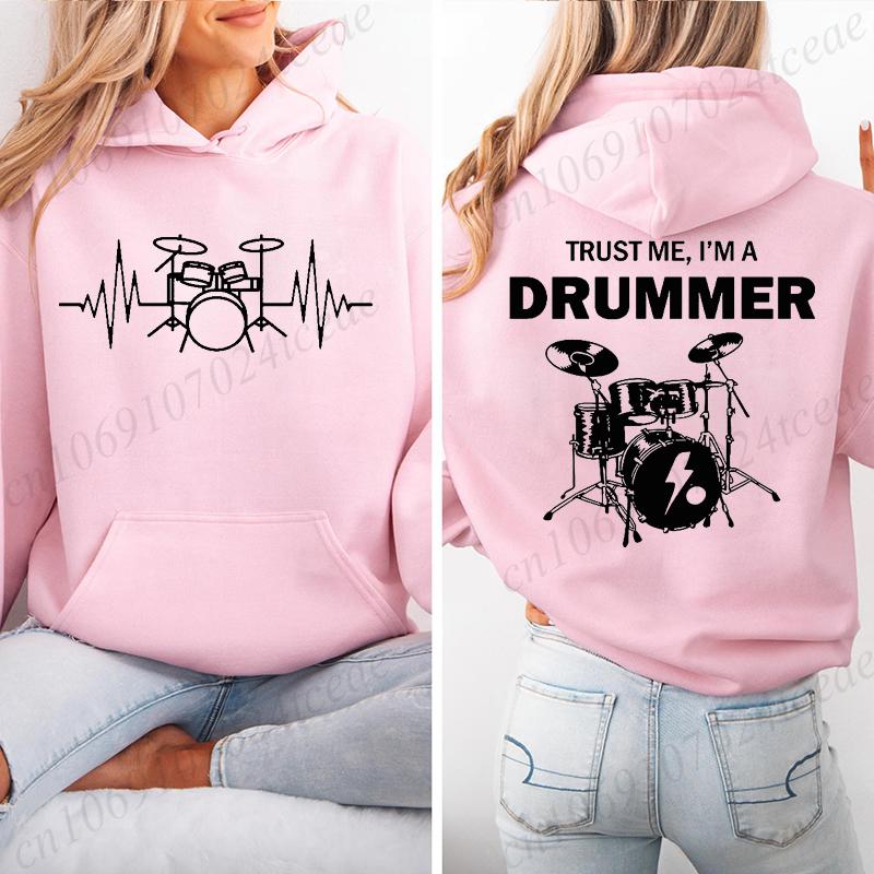 Autumn Fleece Hoodie Drum Heartbeat Print Hooded Drummer Fashion Sweatshirt Long Sleeve Top Drumming Music Musician Band Hoodies