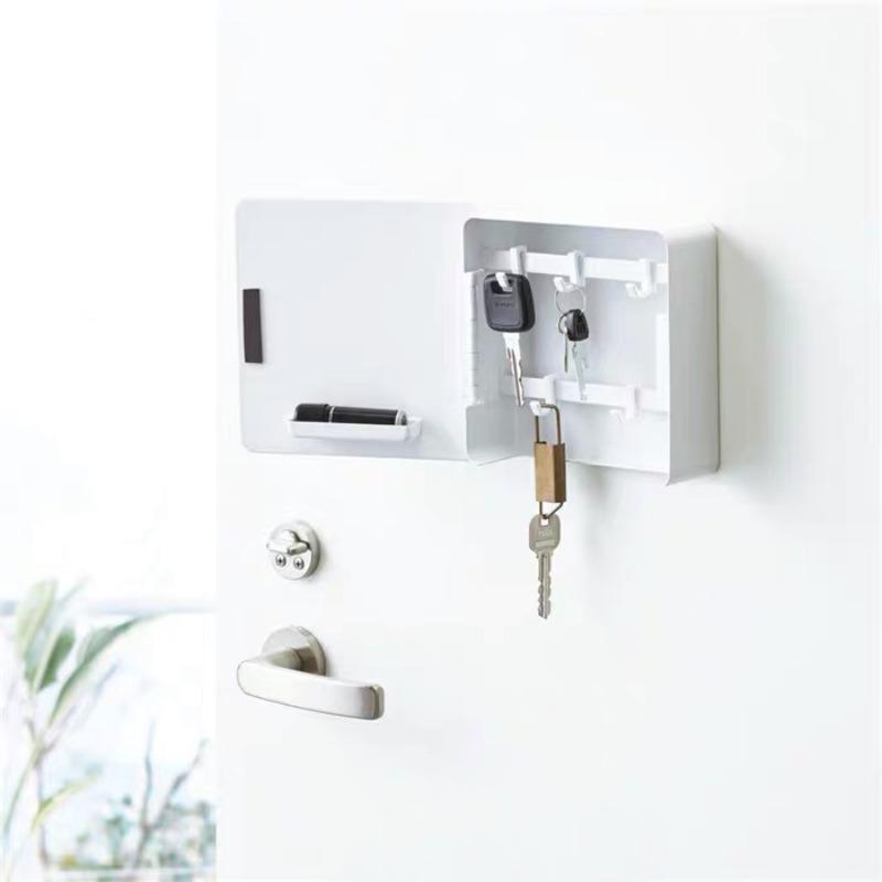 Self-adhesive Punch-Free Wall Key Rack, Wooden Front Door Key Hook Organizer with Storage Compartment for Hallway Entrance