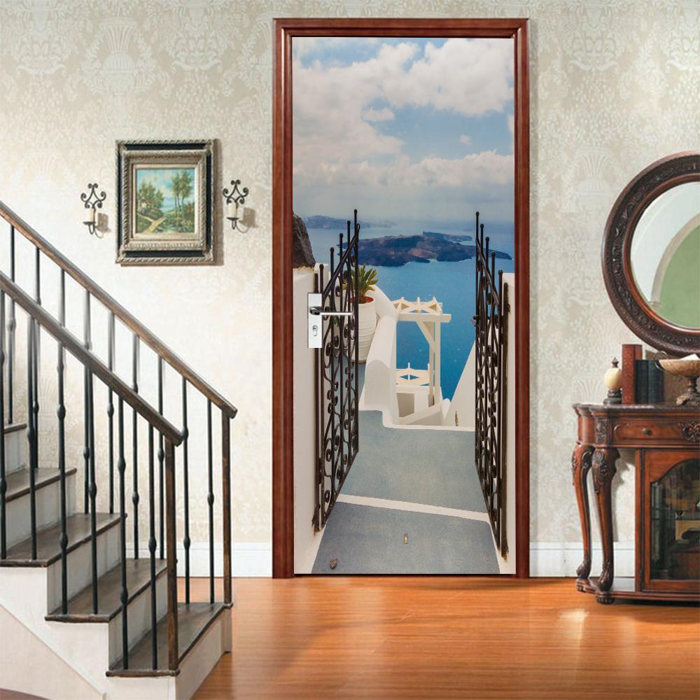 3D Door Mural Sticker Peel and Stick Door Wallpaper Golden Buddha Castle Moon Mermaid Flower Home Decor Removable