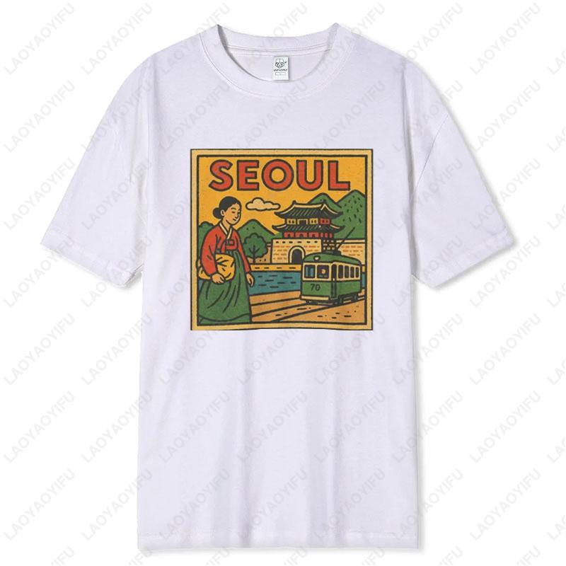 Seoul Korea Comic T-Shirt Unisex Retro-Stil Vintage Stadt-Skyline Grafik-T-Shirts Bold Asian Travel Baumwollshirt Geschenk Männer Frauen Tops