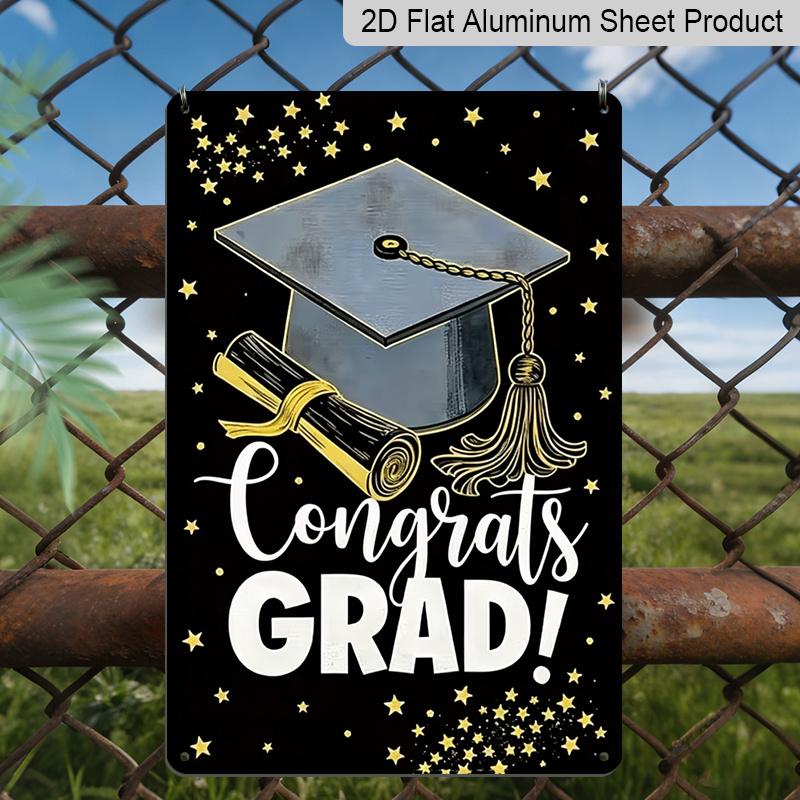 2D Flach, 1 Stück "Herzlichen Glückwunsch zum Abschluss!"""Metall-Wandkunstschild mit Abschlusskappe & Diplom - 8*12 Zoll Aluminium Schwarz & Gold Abschlussdeko, Sterne-Thema"""