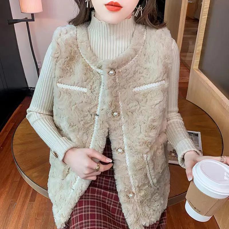 Women's Autumn and Winter Temperament Elegant Imitation Lamb Wool Vest Solid Color Loose Simple Comfortable Soft Jacket