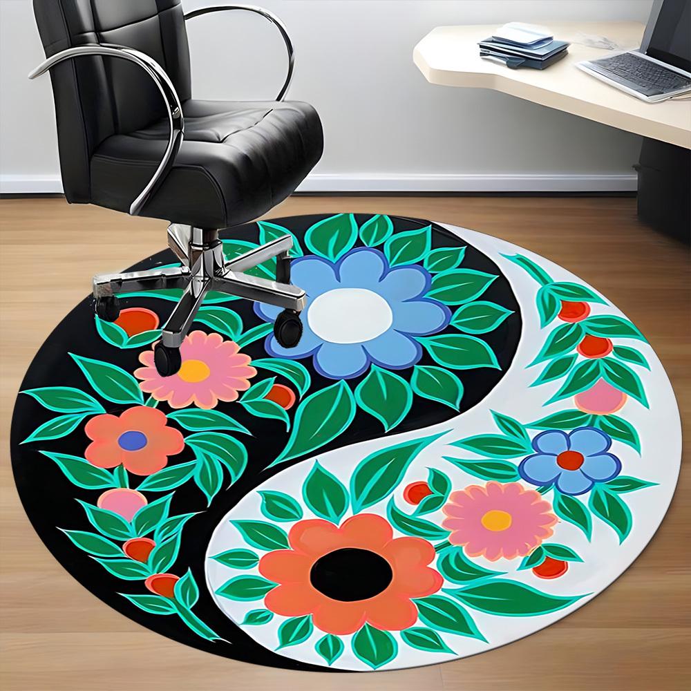 1pc Floral Yin Yang Symbol Carpet, Round Non Slip Durable Large Size Office Carpet, Suitable for Office