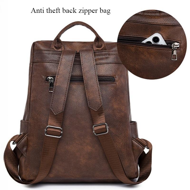 European and American Retro Versatile Women's Backpack High Quality Soft PU Leather College Student Rucksack Trendy Fashion Rivet Outdoor Travel Bag