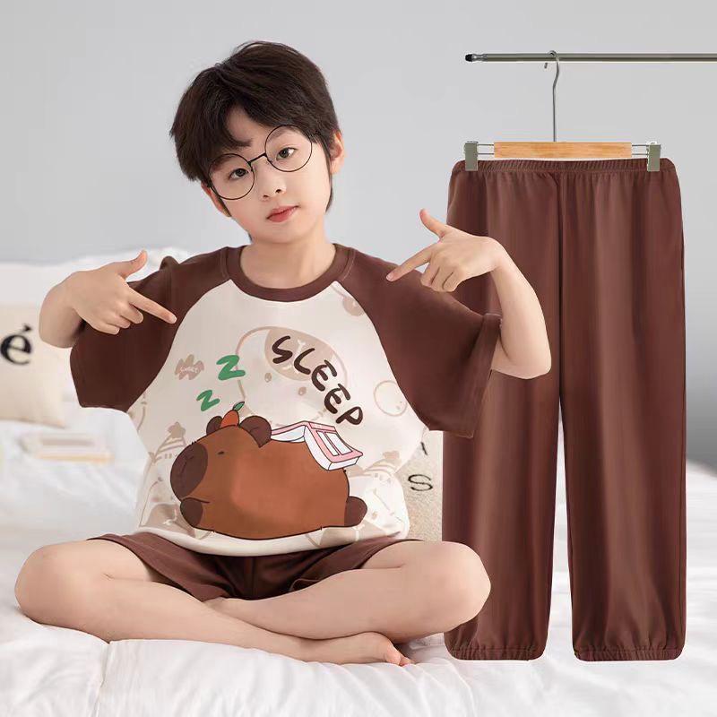 Children's Summer Pajama Set: 3-Piece Short-Sleeve Top, Long Pants, Boys' Medium & Large Air Conditioning Suit