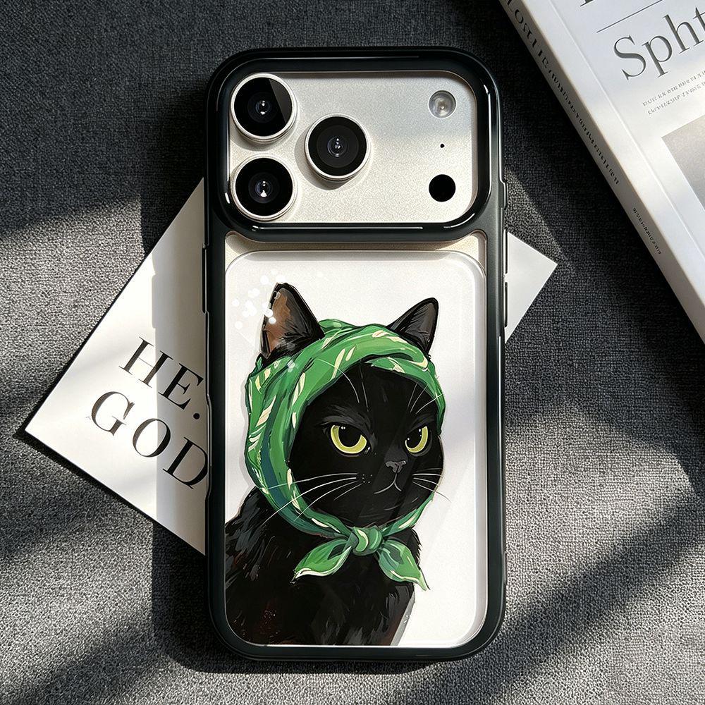 Green Headband Black Cat iPhone 17 Pro Drop-Proof Transparent Phone Case, Compatible with Apple iPhone 16/15/14
